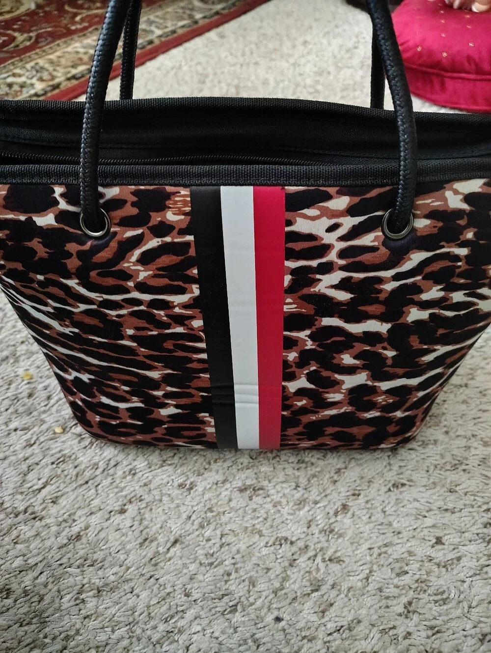 Leopard Print Tote Bag with Red & Black Stripe haute Shore